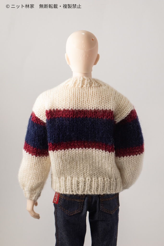 【値下げ】オビツ30・1/6ドール用セーター 丸襟/通常袖/生成り白/胸・袖に大きなボーダー(ユニセックス) RST01E