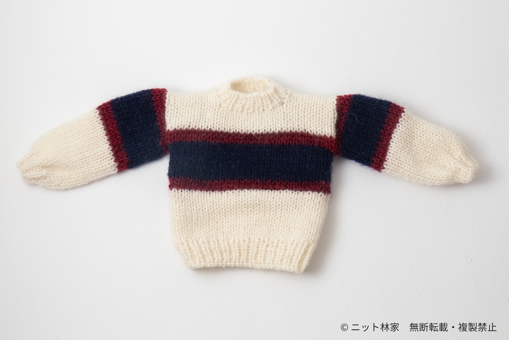 【値下げ】オビツ30・1/6ドール用セーター 丸襟/通常袖/生成り白/胸・袖に大きなボーダー(ユニセックス) RST01E