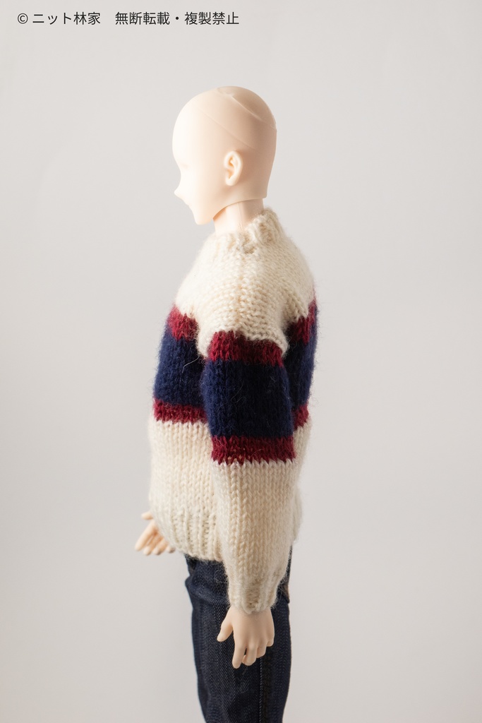 【値下げ】オビツ30・1/6ドール用セーター 丸襟/通常袖/生成り白/胸・袖に大きなボーダー(ユニセックス) RST01E