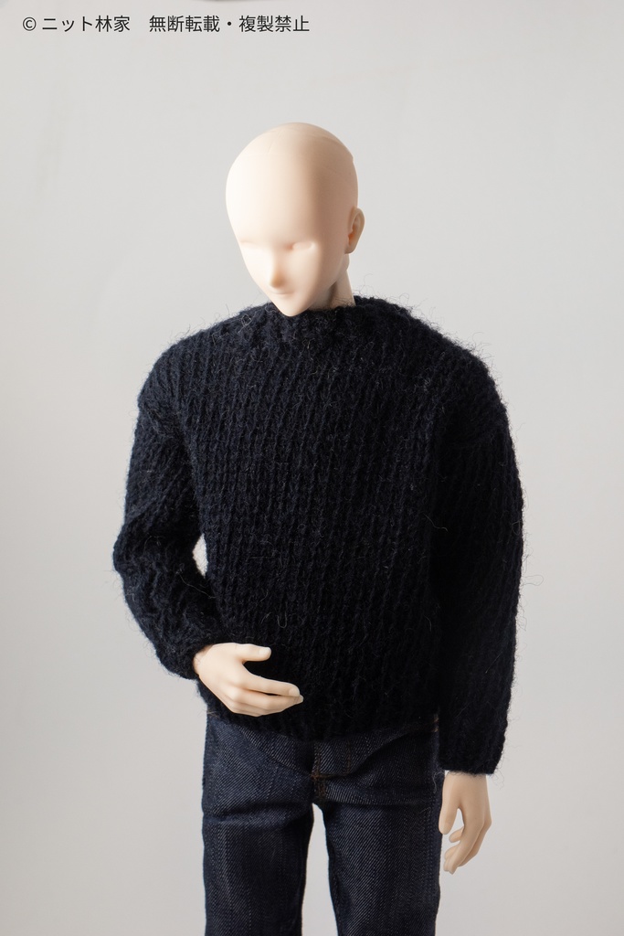 【受注販売】オビツ30・1/6ドール用セーター　丸襟／通常袖／黒／無地(ユニセックス) RPC01B