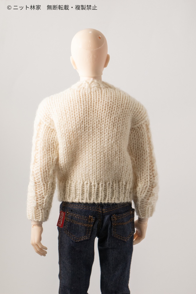 【値下げ】オビツ30・1/6ドール用セーター 丸襟/通常袖/生成り白/胸・袖アラン模様(ユニセックス) RPT03E