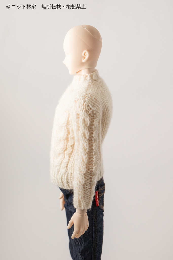 【値下げ】オビツ30・1/6ドール用セーター 丸襟/通常袖/生成り白/胸・袖アラン模様(ユニセックス) RPT03E