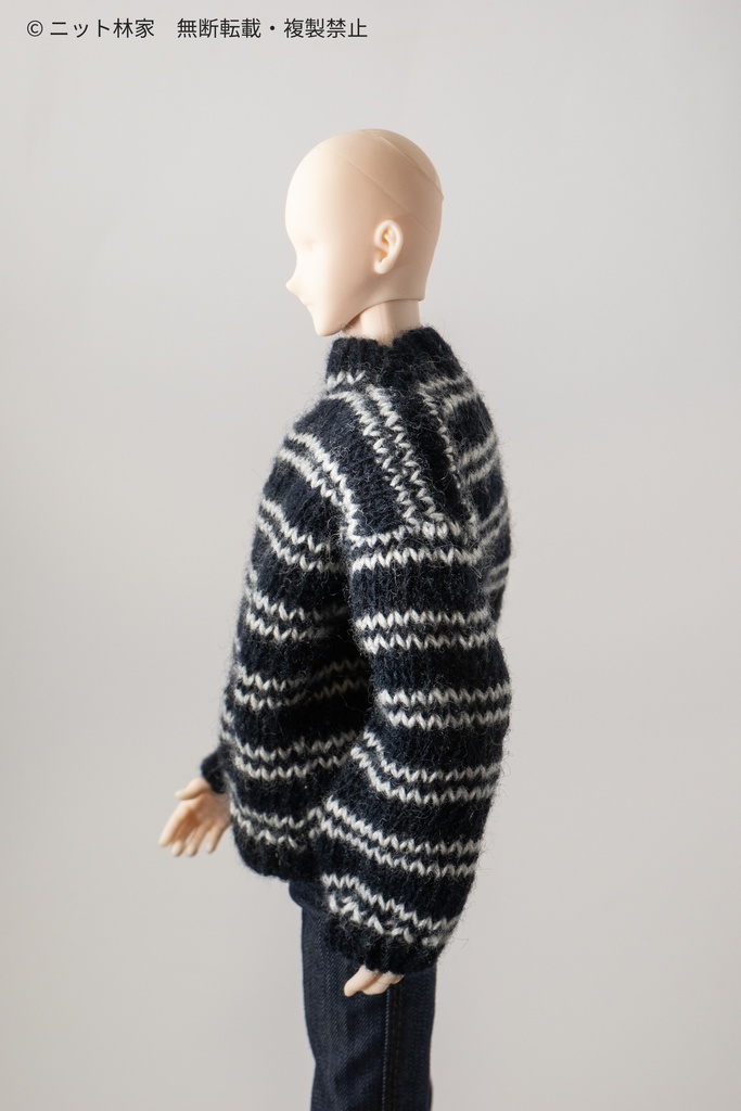 【値下げ】オビツ30・1/6ドール用セーター 丸襟/通常袖/黒に白縞(ユニセックス) RST01BW