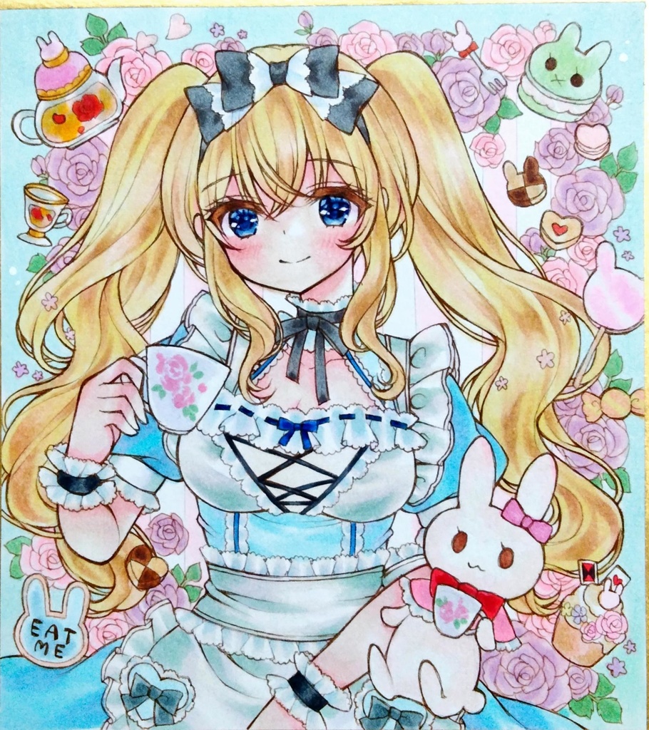 手描きイラスト オリジナルツインテアリス 女の子 ミニ色紙 原画