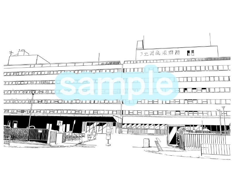【漫画素材】【背景】病院 昼 夜 線画ベタ