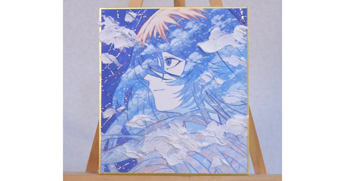 オリジナル 手描きイラスト 女の子 「白藍に染まる」 1/4色紙サイズ
