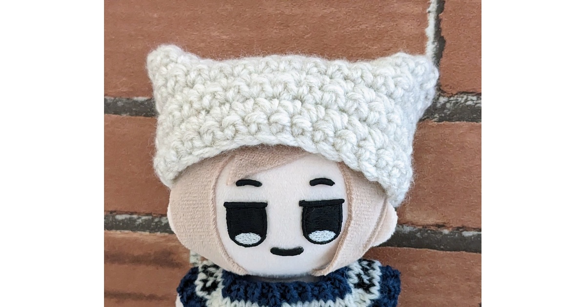 創作人形 猫耳帽子 女の子 ② 編み図】四角モチーフ2枚で作るねこ耳帽子（頭囲18～19cmぬい向け