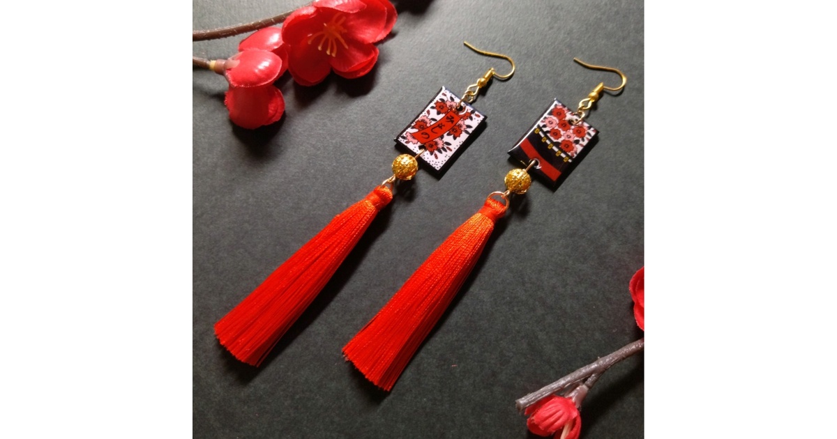 花札&タッセルピアス（桜）(イヤリング)【和ゴス】【和装】【着物