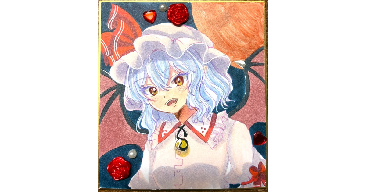 羽の折れたレミリア A4サイズ 手描きイラスト 原画 ラメ加工済み 東方Project 手描きイラスト レミリア・スカーレット ミニ色紙