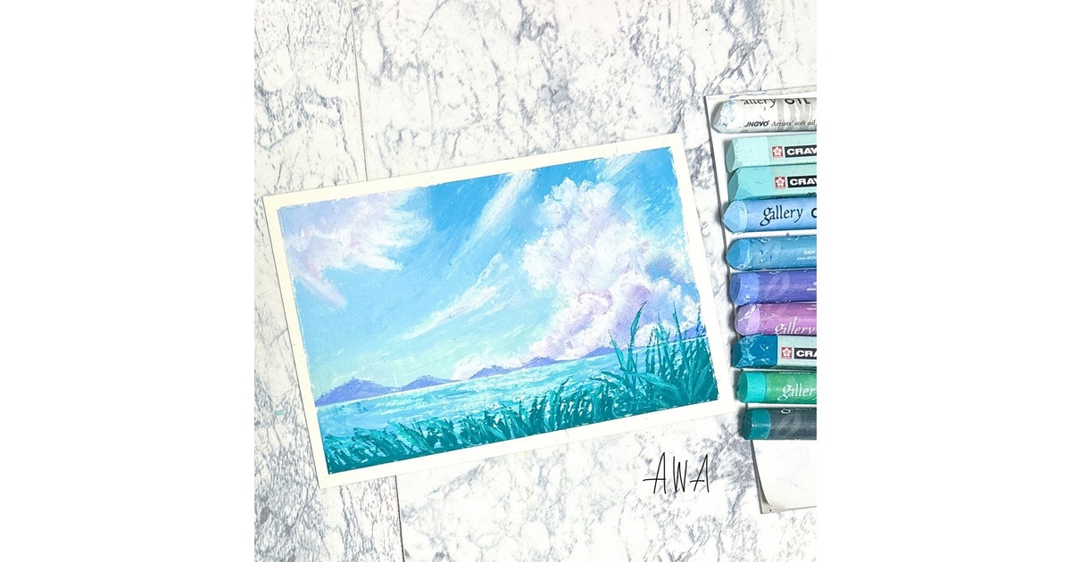 カルガモ親子と天の川 風景画 オイルパステル画 原画 ハガキサイズ #65