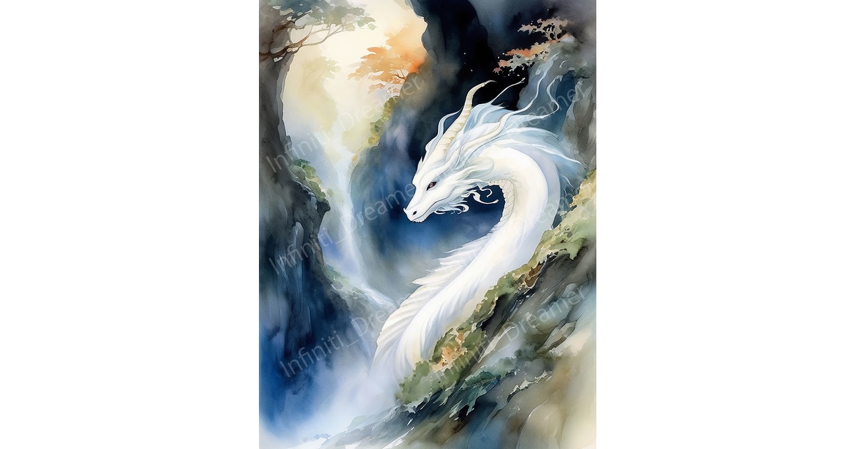 龍穴 神秘的な白龍 龍神 龍 水彩画 スピリチュアル 開運 イラスト
