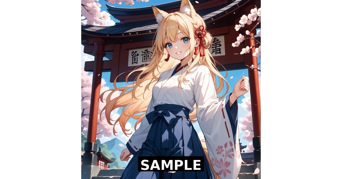 狐巫女ましゅ｜春空と桜の神社にて【高解像度AIイラスト】 - 狐灯りの