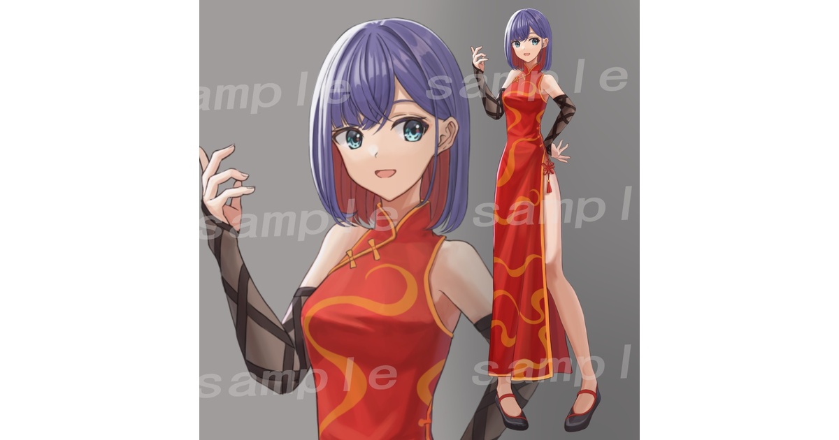 赤いチャイナドレスの女性と伝統的な背景｜イラスト・フリー素材