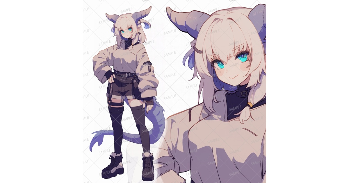 ◆獣人~角ある者◆手描きイラスト 獣人】角の生えたドヤ顔の少女_立ち絵 - きゃら館 - BOOTH