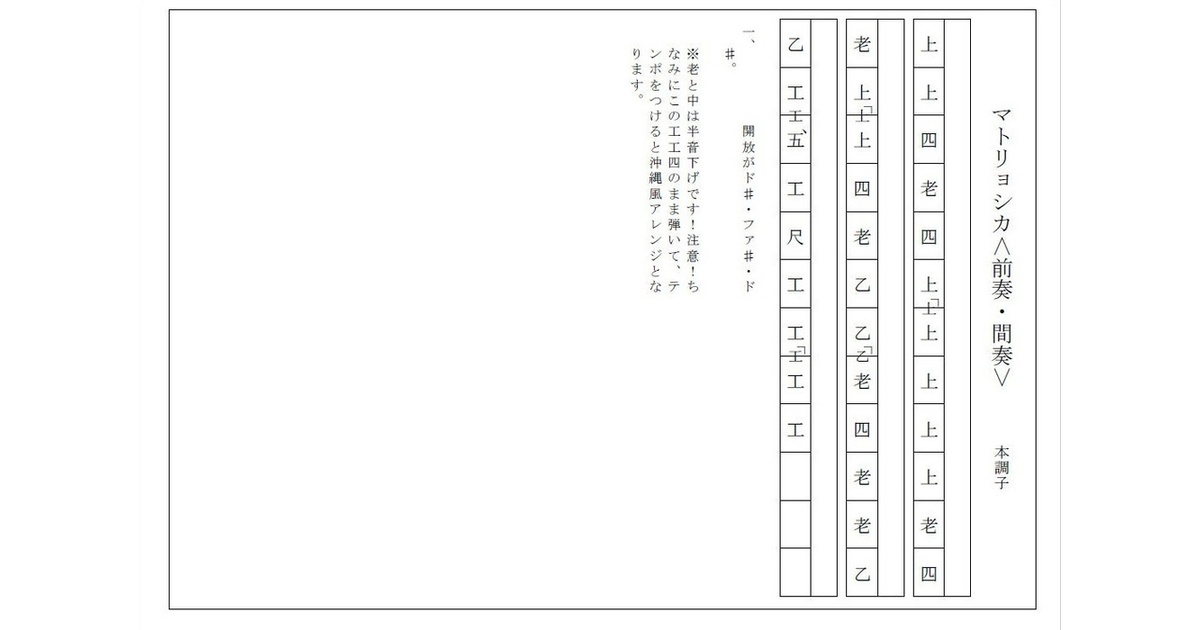 マトリョシカ/沖縄三線譜面(工工四) - 日琉芸能プロジェクト530&