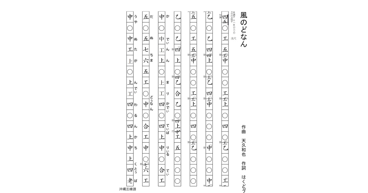 風のどなん/沖縄三線譜面(工工四) - 日琉芸能プロジェクト530&早