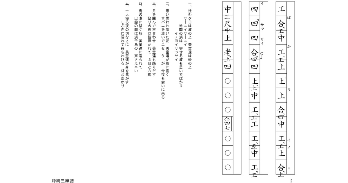 池間みやらび/沖縄三線譜面(工工四) - 日琉芸能プロジェクト530&早紅夜