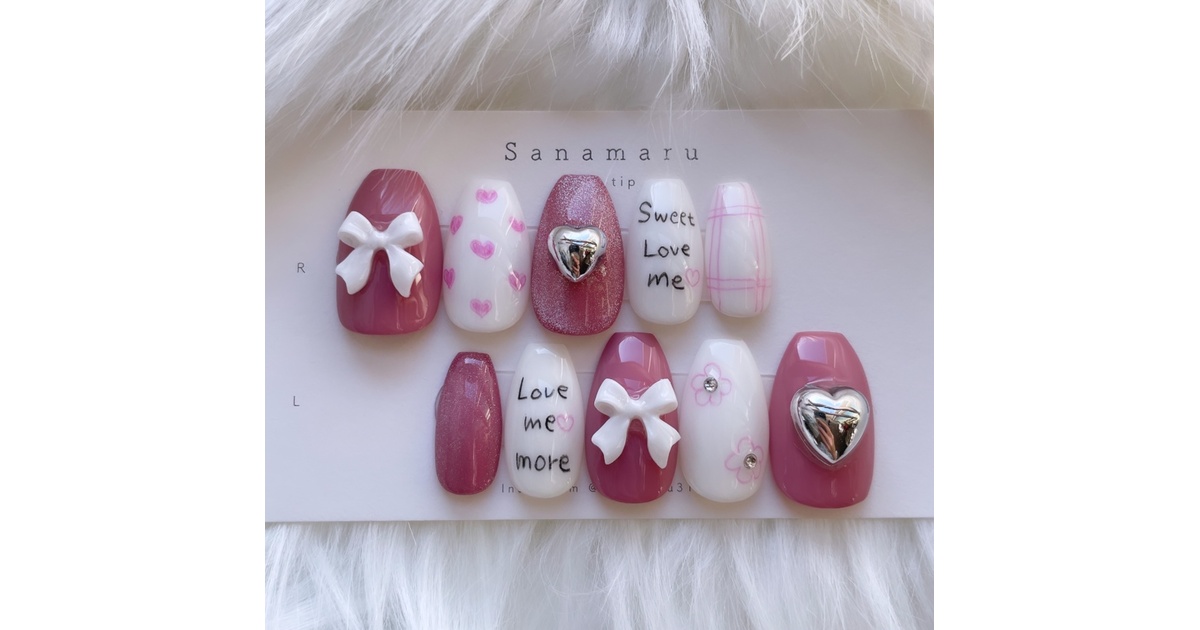現品】 99 ネイルチップ 落書きネイル リボン ハート マグネット うる