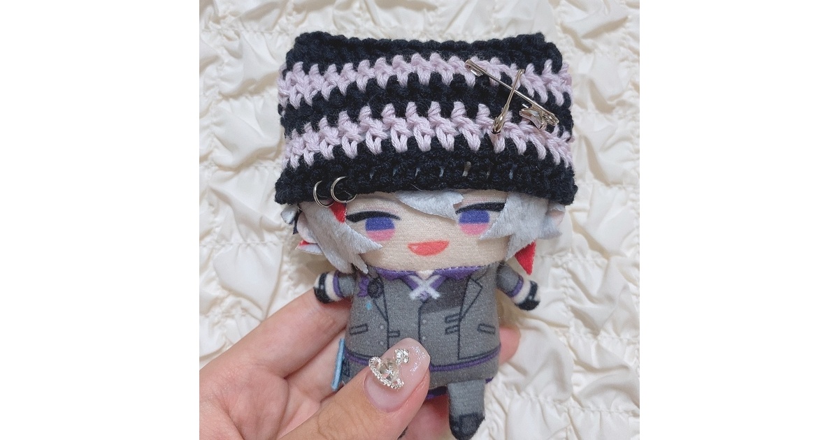 黒×薄紫］にじぱぺっと ぬい服 ぬい帽子 ネコ耳 ニット帽 編み物 10cm