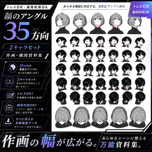 【トレス可・商用利用可】顔のアングル35方向・2キャラセット（作画・構図資料集）
