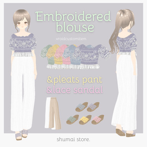 刺繍ブラウス/プリーツパンツ/レースサンダル...