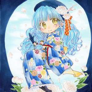 【イラスト原画】着物女子【中色紙】