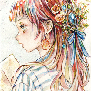 手描きイラスト オリジナル 「朝の光を浴びながら」 原画 創作 女の子