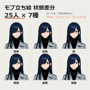 モブ立ち絵 状態差分25人×7種 計175枚【恐怖・狂気・涙・負傷・虚脱・憤怒／TRPG・ココフォリア・透過PNG】