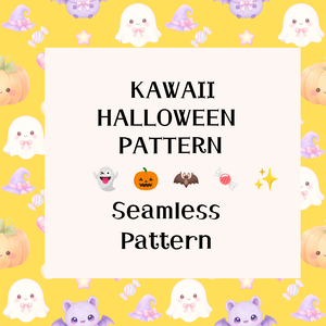 【ハロウィン素材】Kawaii Halloween シームレスパターン｜おばけ・かぼちゃ・コウモリ・キャンディ｜デジタル背景素材