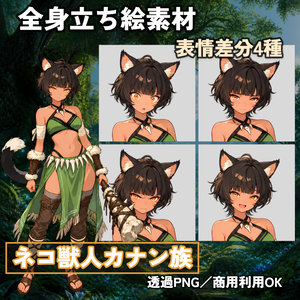 ネコ獣人カナン族 全身立ち絵素材【立ち姿表情差分 4枚+立ち姿ダメージ差分 2枚+立ち姿構えバージョン 1点+上半身差分 7点+SD 1点+アクション 2点】