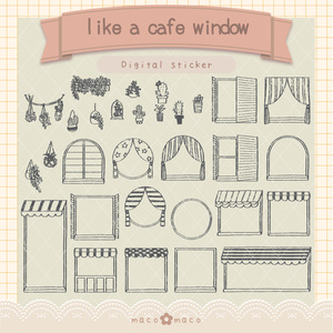 【デジタルプランナー用文具】カフェ風窓枠と植物イラストスタンプ