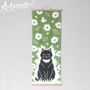 黒猫の手ぬぐい（オリーブ）A-tenugui
