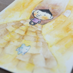 水彩手描き原画◆あおいいぬとぼく◆ポストカード