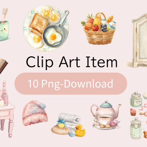 猫の1日 小物〜パステル絵本風クリップアート10点セット｜PNG背景透過