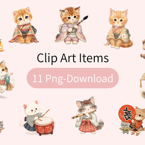 猫の和ppiness A 〜パステル絵本風クリップアート11点セット｜PNG背景透過