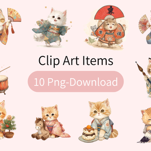 猫の和ppiness Ｂ〜パステル絵本風クリップアート10点セット｜PNG背景透過