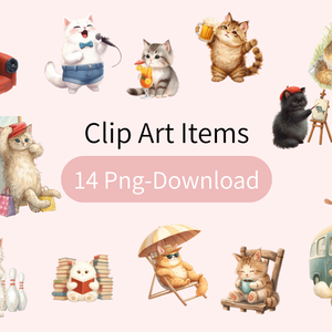 猫のスケジュールA 〜パステル絵本風クリップアート14点セット｜PNG背景透過