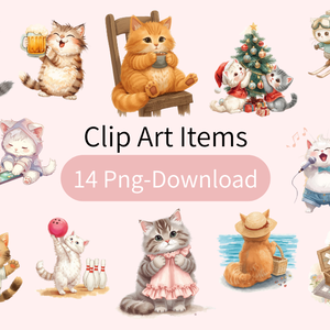 猫のスケジュールＢ〜パステル絵本風クリップアート14点セット｜PNG背景透過