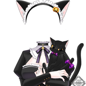 ハロウィン素材第4弾🎃黒猫を抱っこする黒猫メイド衣装素材【VTuber素材】【無償素材】(透過素材)