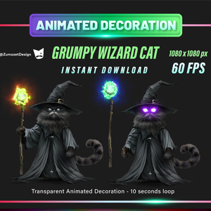 アニメーション・魔法使いネコ – 配信用デコレーション素材 WebM（60FPS・透過ループ）