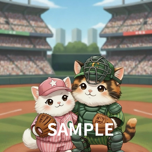 野球猫のバッテリー素材セット（ピッチャー＆キャッチャー）【背景あり・透過PNG】