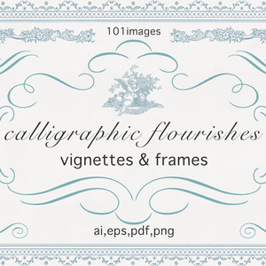 【ベクター】calligraphic flourishes カリグラフィフローリッシュと小さな挿絵とフレーム【png,ai,eps,pdf】