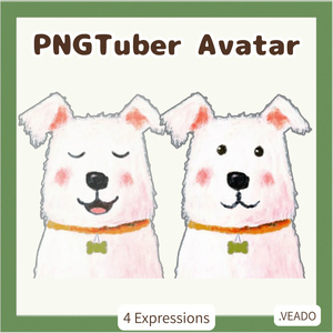 Veadotube対応 絵本風 白いワンちゃん PNGTuber素材 - 4表情セット / White Dog PNGTuber - Cute Kawaii Avatar