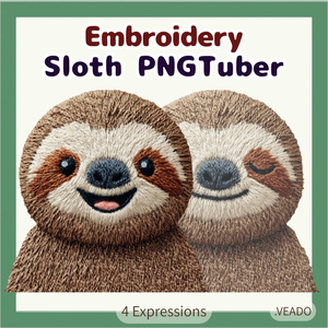 Veadotube対応 刺繍風 ナマケモノ PNGTuber素材 - 4表情セット / Sloth PNGTuber - Cute Kawaii Avatar