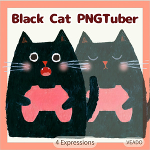 Veadotube対応 絵本風 黒猫ゲーマー PNGTuber素材 - 4表情セット / Black Cat Gamer PNGTuber - Cute Kawaii Avatar