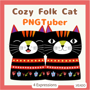 Veadotube対応 絵本風 黒猫 PNGTuber素材 - 4表情セット / Black Cat PNGTuber - Cozy Folk Art Avatar