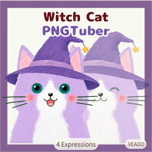 Veadotube対応 絵本風 魔女ねこ PNGTuber素材 - 4表情セット / Witch Cat PNGTuber - Cute Lavender Cat Avatar