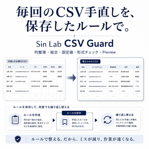 Sin Lab CSV Guard｜CSVの列整理・結合・形式チェックを保存ルールで自動化