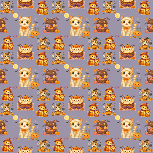 【デジタルペーパー】ハロウィン猫柄 仮装猫&お菓子ケーキ シームレスパターン素材