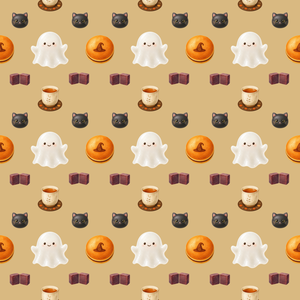 ハロウィン柄シームレスパターン 和菓子 お化け餅&ほうじ茶 デジタルペーパー